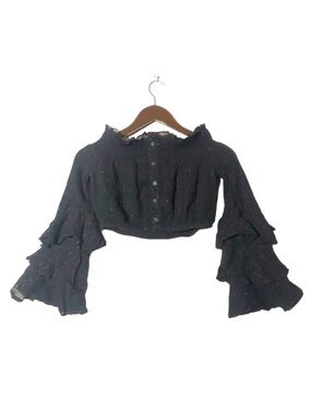 Red Carter Black Metallic Sparkle Off The Shoulder Crop Top Tiered Bell Sleeve S